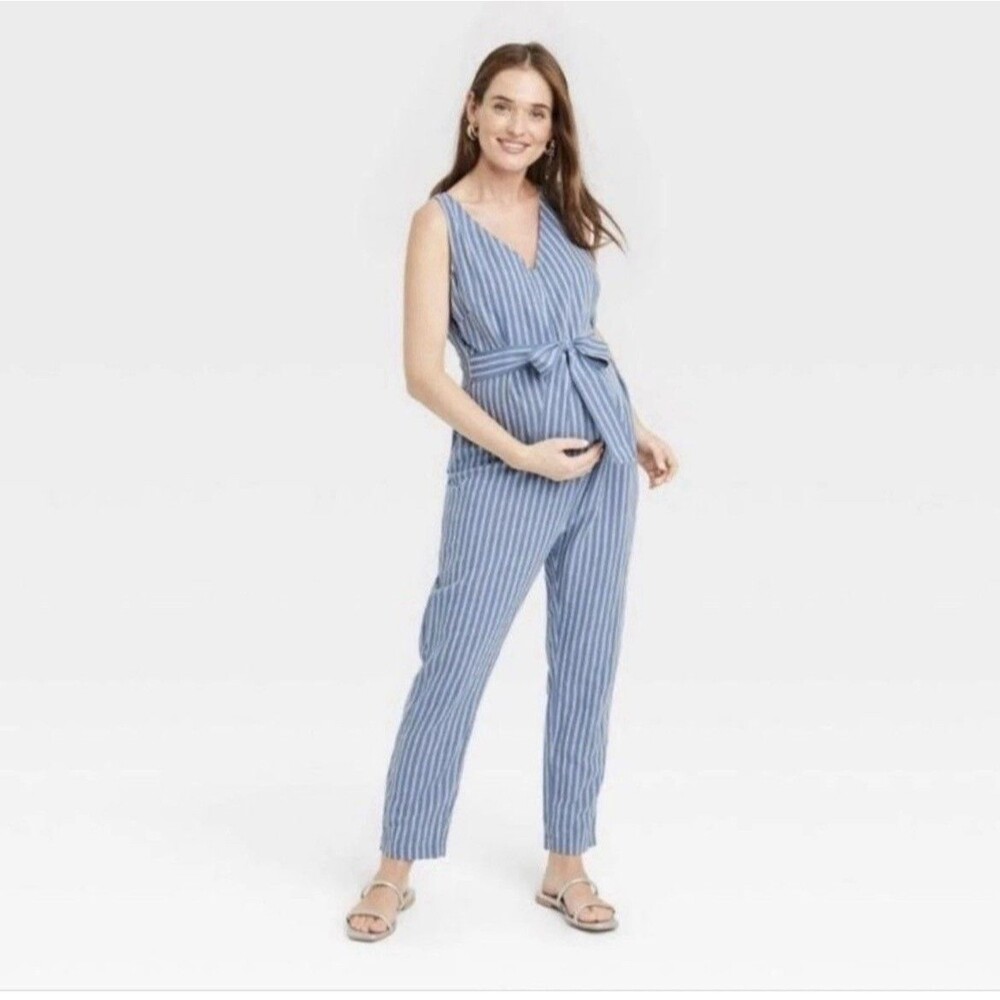 The Nines By Hatch Maternity Jumpsuit Blue Linen Cotton Blend XXL Party Vacation